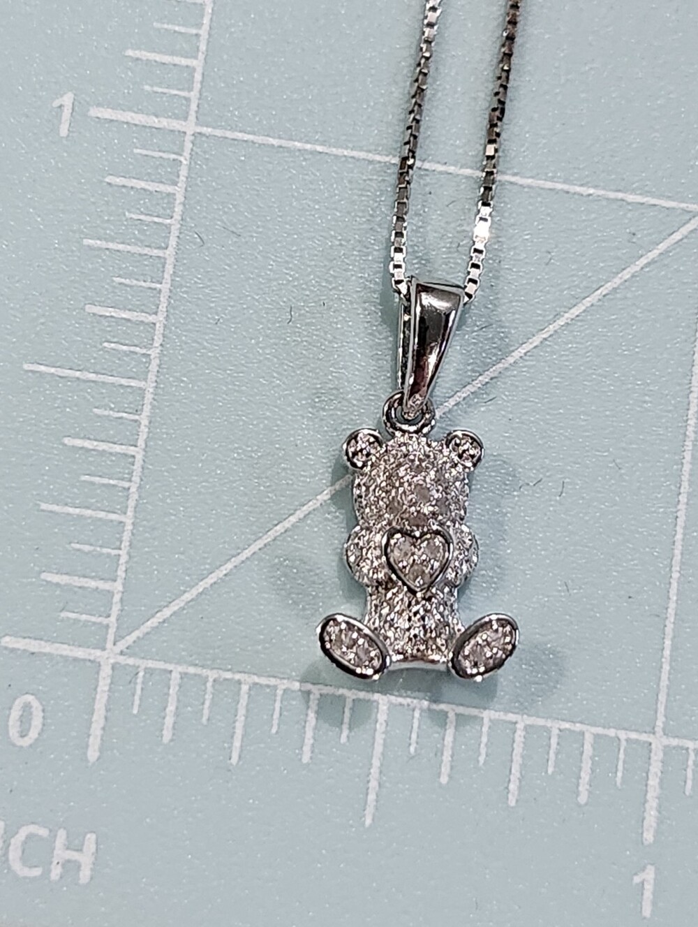 Sterling diamond Accent Adorable Teddy Bear Holding Heart Pendant W/ Chain